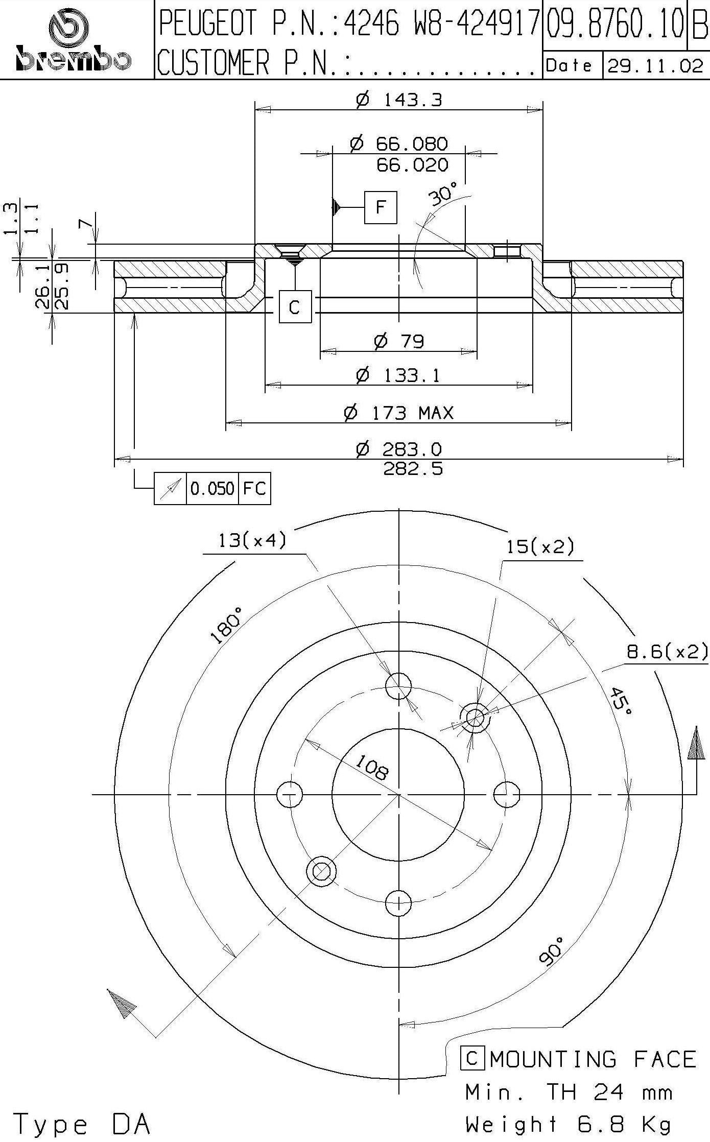 DISC ROTOR - FR CITREON C5 PEU 307 01> \ 283*26*24