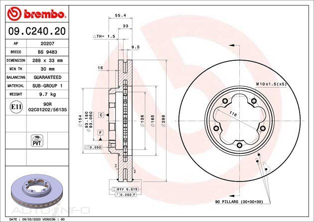 D/ROTOR FR FORD TRANSIT 2016-288*55.4HT*33*93.1id 116PCD - DR62547V-RH