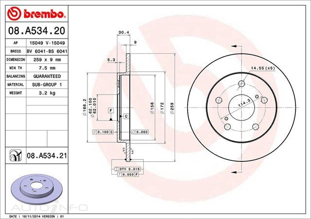 DISC ROTOR REAR SUITS TOYOTA COROLLA ZRE ZZE 06> 259*9*7.5 SOLID - 08.A534.21