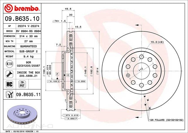 D/ROTOR FR SKO VW TIG 17> 314*30*27 VENT 5STUD 65id 49.6 - 09.B635.11