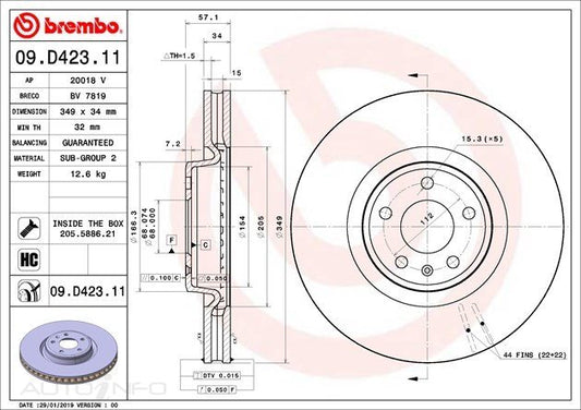 D/ROTOR FR AUD VW 349*34*32 VENT 5STUD 09.D423.11