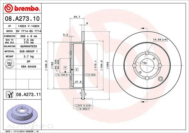 D/ROTOR RR TOY COROL ZZE 01> 269*9*8 SOL 4STUD 55id 56HT - 08.A273.11