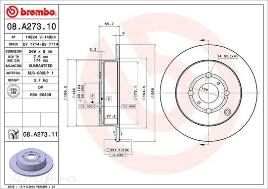 D/ROTOR RR TOY COROL ZZE 01> 269*9*8 SOL 4STUD 55id 56HT - 08.A273.11