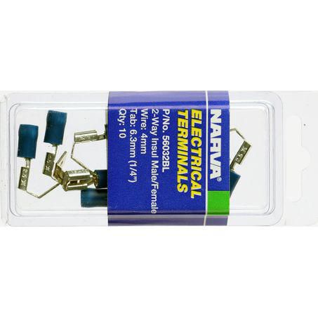 Narva Crimp Terminal 2 Way Male/Female Blade Blue Insulated 6.3mm - 10 Pce