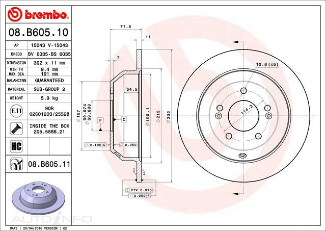 D/ROTOR REAR KIA SOR XM HYU SANT 302*11*9.4 SOL 5STUD 69id 72HT - 08.B605.11