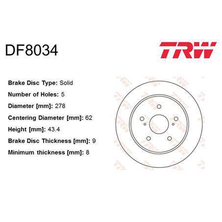 TRW Brake Rotor 278Mm X 8 Min