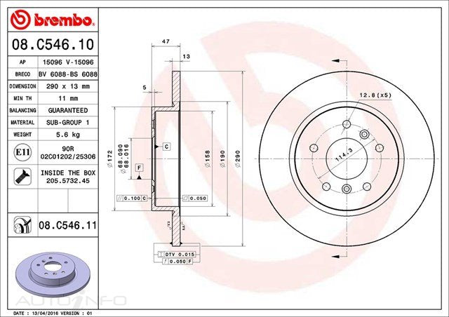 D/ROTOR RR NIS QASHQAI 13> 290*13*11 SOL 5STUD 68id 47HT - 08.C546.11