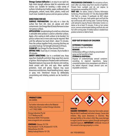 OMEGA INDUSTRIES Omega Contact Adhesive Spray 400g AA-CA400G