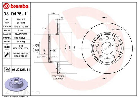D/ROTOR RR SEA AUD SKO VW 272*10*8 SOL 10STUD 65id 58.2H - 08.D425.11