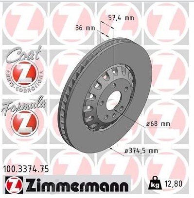 DISC BRAKE ROTORS FRONT AUDI S8 A8 Q7 09>20 375mm 57mm HT 68mm ID - DR3374V-ZIM