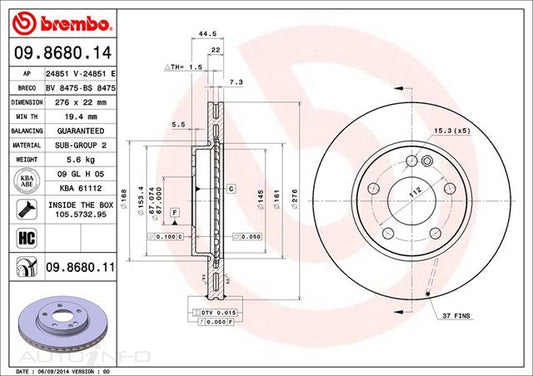 BRAKE ROTOR FRONT MERCEDES W169 A170 04> 276*22*19.4 09.8680.11