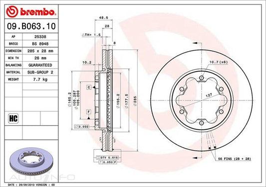 D/ROTOR FR TOY HIA TRH KDH RCH 285*28*26 VENT 6STUD 105id - 09.B063.10