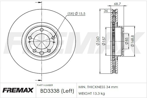 FREMAX BRAKE ROTOR VENTED EACH FRONT BD-3338