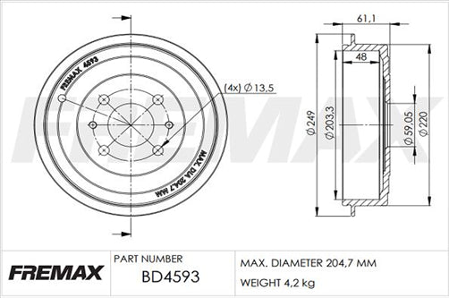 BRAKE DRUM EACH REAR BD-4593