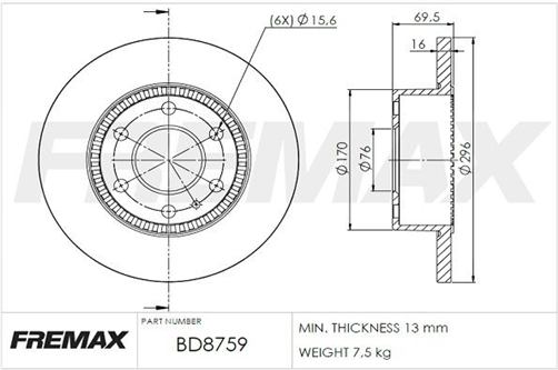 FREMAX CARBON+ ROTOR (PAIR) IVECO REAR 296MM SOLID BD-8759
