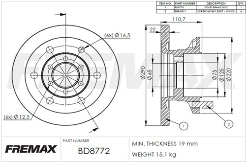 FREMAX BRAKE ROTOR SOLID EACH IVECO DAILY FRONT 290MM BD-8772