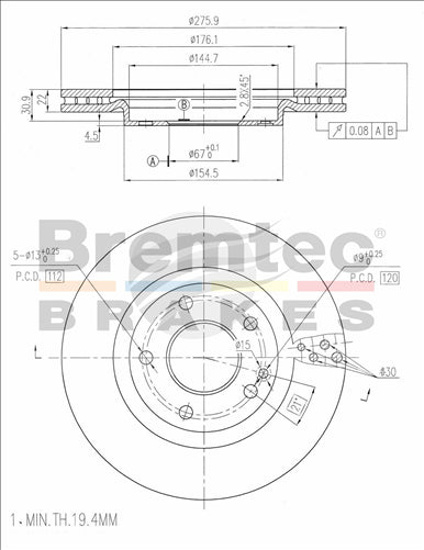 BREMTEC EURO-LINE BRAKE ROTOR PAIR BDR14210EL