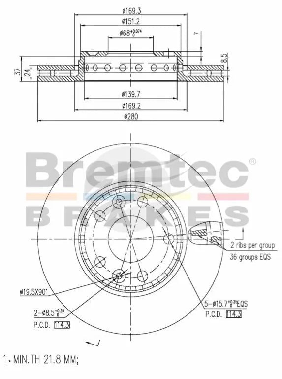 EURO-LINE BRAKE DISC ROTOR PAIR BDR21950EL