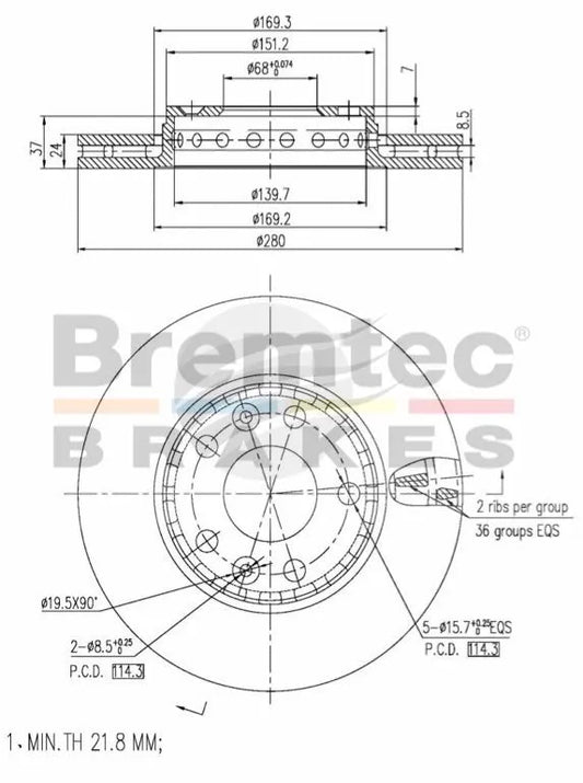 EURO-LINE BRAKE DISC ROTOR PAIR BDR21950EL