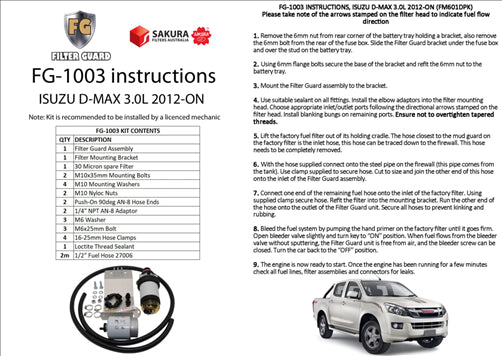 FILTER GUARD PRE FILTER DIESEL FUEL KIT ISUZU DMAX MUX 3.0L FG-1003