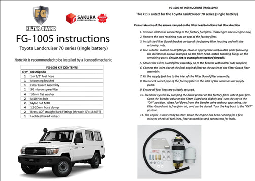 FILTER GUARD PRE FILTER DIESEL FUEL KIT TOYOTA LANDCRUISER FG-1005