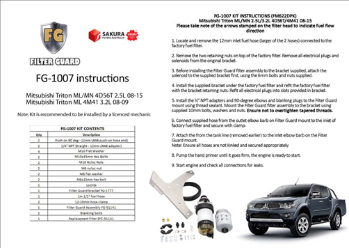 FILTER GUARD PRE FILTER DIESEL FUEL KIT MITSUBISHI TRITON FG-1007