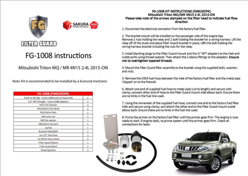 FILTER GUARD PRE FILTER DIESEL FUEL KIT MITSUBISHI TRITON FG-1008