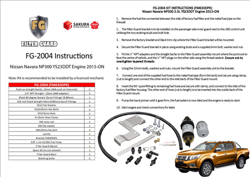 FILTER GUARD PRE FILTER DIESEL NISSAN NAVARA NP300 YS23DDTi FG-2004