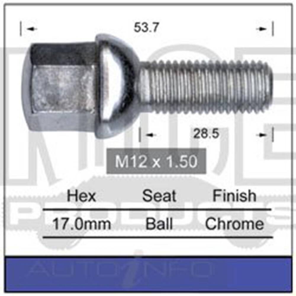 WHEEL BOLT M12X1.5 17mm HEX CHROME MERC SSANG SEAT VW - MB353