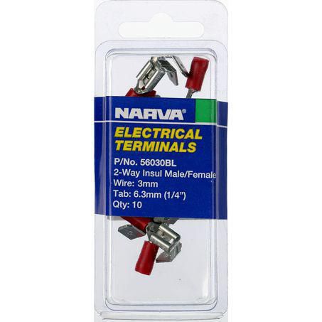 Narva Crimp Terminal 2 Way Male/Female Blade Red Insulated 6.3mm - 10 Pce