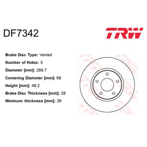 Disc Brake Rotor 289.8mm x 26 Min