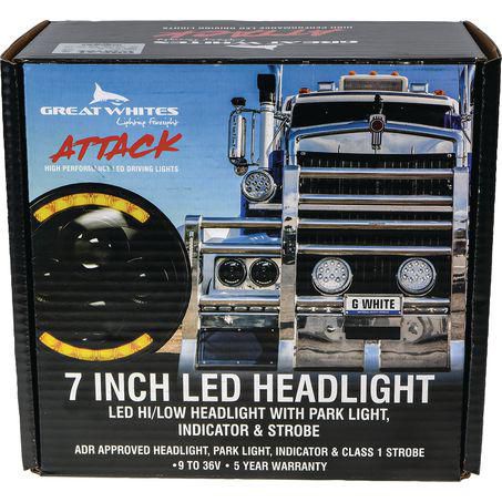 Great Whites Sealed LED Headlight - High/Low Beam with Class 1 Amber Strobe, Park Light and Indicator, 7 inch Round, 12V/24V GWF1005