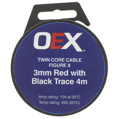 OEX 3MM TWIN CORE CABLE, FIGURE 8, RED WITH BLACK TRACE - 4M