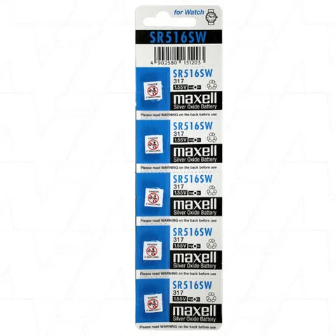 Maxell SR516SW Silver Oxide Watch Battery (1.55V) â€“ 5 Pack