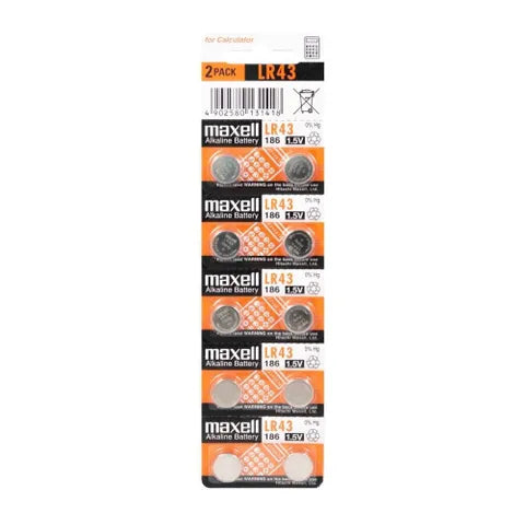 Maxell LR43 Alkaline Button Cell Battery 1.5V â€“ 10 Pack (Retail Packaging)
