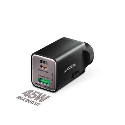 Microdia SmartCube Nano 45W Dual-Port GaN Wall Charger â€“ Fast USB-C & USB-A Charger Black