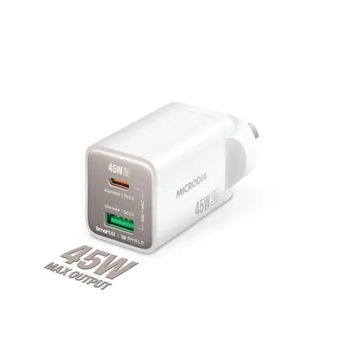 Microdia SmartCubeâ„¢ Nano 45W Dual-Port GaN Wall Charger â€“ Fast USB-C & USB-A Charging, Black