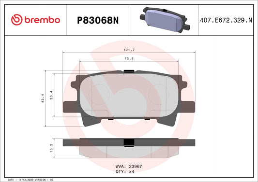 BREMBO NAO REAR DISC PAD SET SUITS TOYOTA HIGHLANDER LEXUS RX330 - P83068N