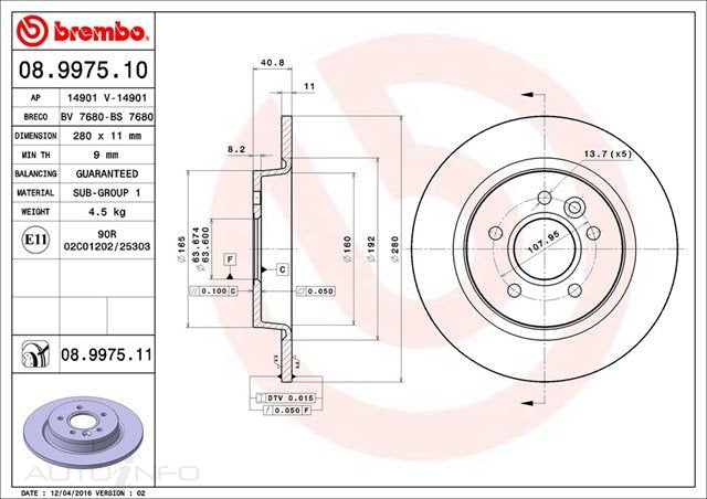 D/ROTOR RR FORD FOC 2.5 TB 06> 280*11*9 SOL 5STUD 64id 41HT - 08.9975.11