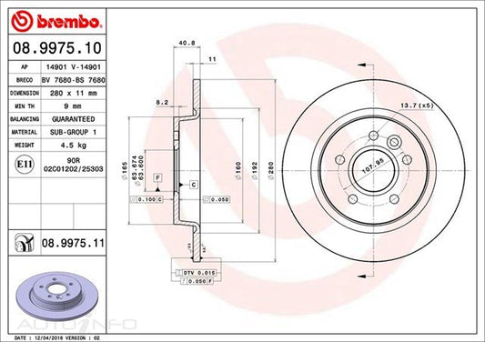 D/ROTOR RR FORD FOC 2.5 TB 06> 280*11*9 SOL 5STUD 64id 41HT - 08.9975.11