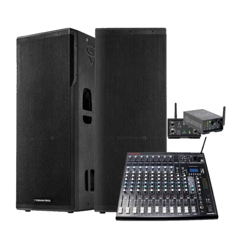 Cerwin Vega Pro Audio Wireless Band Setup with 2Ã—15â€ Tower Speakers and Audio Mixer