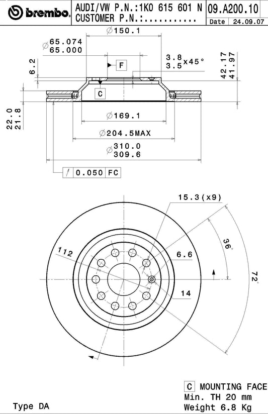 D/ROTOR RR AUDI A3/VW GOLF V310*22*20* 48HT 65id 5STUDS - DR9473V-BR