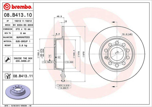 D/ROTOR RR AUD A3 04>10 MK2 272*10*8 SOL 5STUD 65id 48.3HT - 08.B413.11