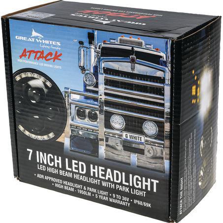 Great Whites Sealed LED Headlight - High Beam with Park Light 12V/24V 7 inch Round GWF1010