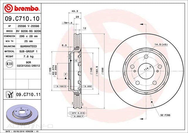 D/ROTOR FR TOY ALP VELL H/DHUB 296*28*25 VENT 5STUD - 09.C710.11