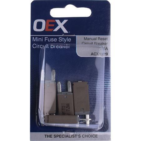 OEX 7.5A Mini Fuse Style Circuit Breaker Manual Reset - 5 Pce