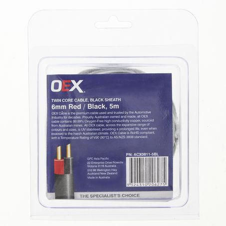 OEX 6MM TWIN CORE AUTOMOTIVE CABLE, RED/BLACK, WITH BLACK SHEATH - 5M