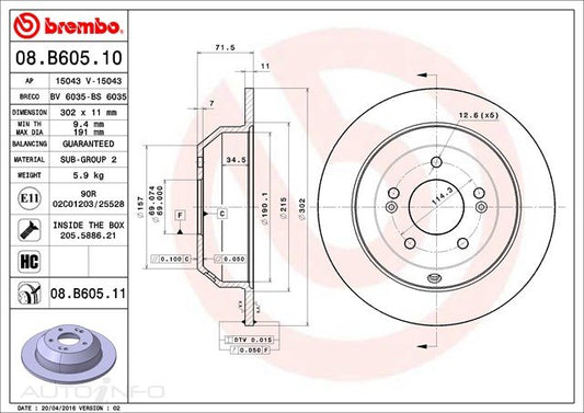 D/ROTOR REAR KIA SOR XM HYU SANT 302*11*9.4 SOL 5STUD 69id 72HT - 08.B605.11