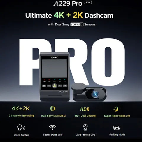 Viofo A229 Pro 4K Front & 2K Rear Dash Cam – 5GHz WiFi & GPS