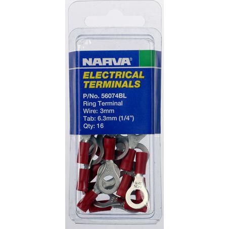 Narva Crimp Terminal Ring Red Insulated 6.3mm - 16 Pce